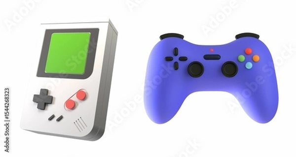 Obraz 3D rendered gaming devices: a classic handheld console with a green screen and a modern purple controller. 