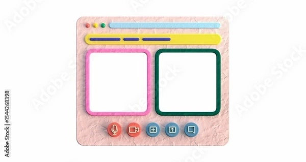 Fototapeta 3D rendered browser window interface featuring two blank frames and a set of media control icons.