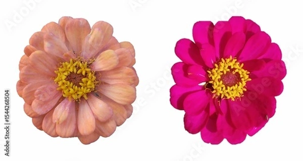 Obraz Two vibrant Zinnia elegans flowers in peach and hot pink, showcasing their detailed petals and yellow centers.