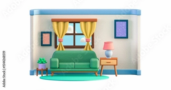 Obraz 3D rendered cartoon living room interior with a green sofa, lamp, plant, and window. 