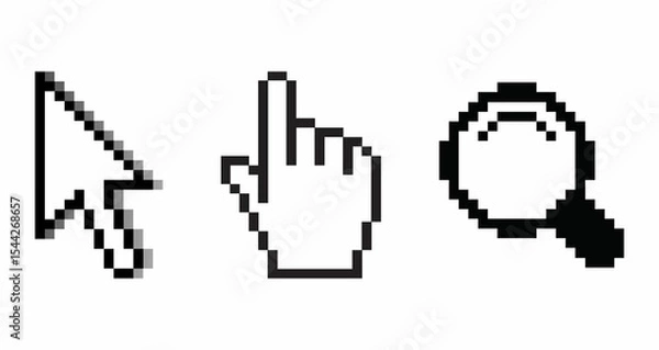 Obraz Three distinct pixelated mouse cursors: an arrow, a hand pointing, and a magnifying glass. 