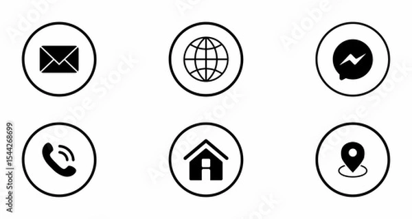Obraz A collection of essential black outline contact icons in circles: mail, globe, chat, phone, home, and location pin. 