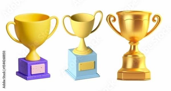 Obraz Three distinct 3D rendered trophies in gold and yellow, varying in design and base.