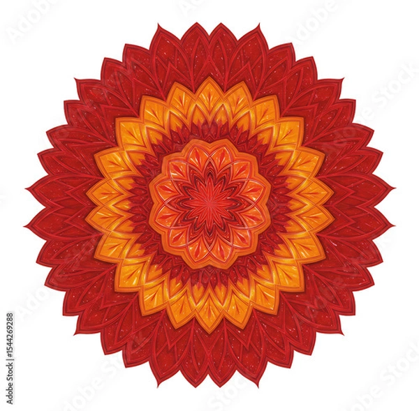 Fototapeta 燃える赤とオレンジ、幾何学模様が美しく輝く曼荼羅。