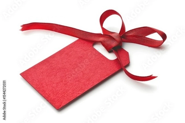 Fototapeta Ultra Quality Image of Red Gift Tag or Label with Ribbon Isolated on White Background