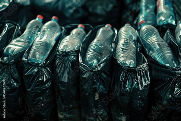 Fototapeta Detailed Color Picture of Used Plastic Bottles Are Stored in Black Bags for Recycle