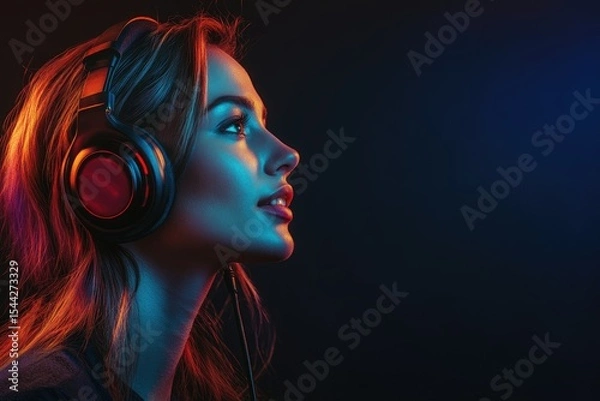 Fototapeta Vibrant Color Image of Woman with Headset for Video Call