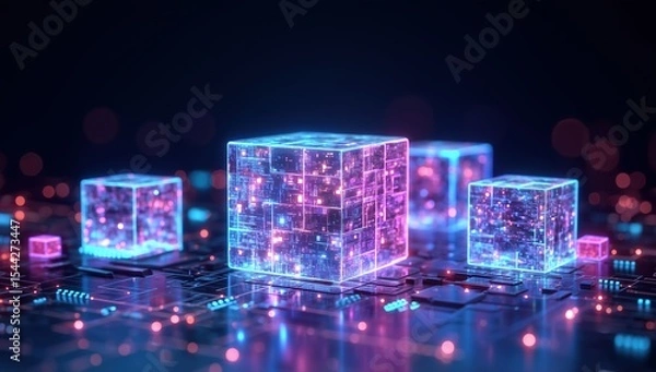 Obraz 3D rendering of glowing holographic cubes interconnected with digital circuit boards and network lines on dark background, abstract geometric design in blue, pink, and purple neon colors with light ef