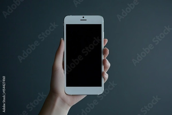 Fototapeta High Resolution Image of Hand is Holding a White Smartphone with Black Blank Mockup Scree