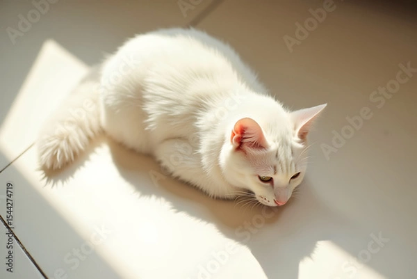 Fototapeta White Cat.A fluffy white cat on a pale beige floor, with soft sunlight filtering in, AI-generated