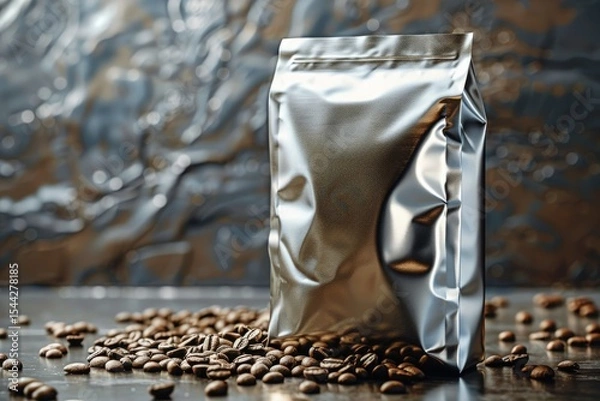 Fototapeta Pixel Perfect Image of Metallic Coffee Bag with Coffee Beans Behind