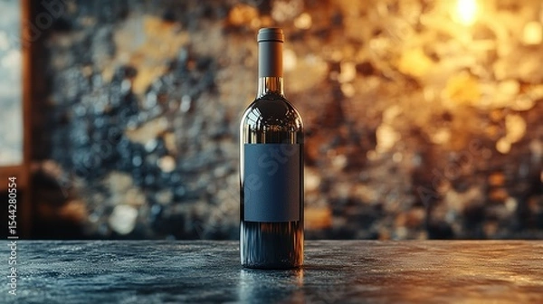 Obraz Dark wine bottle with blank label on stone - textured table against warm - toned stone wall background