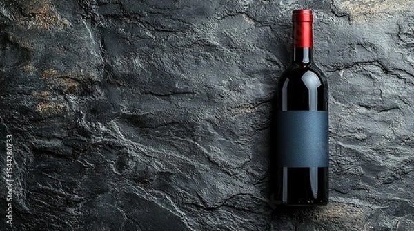 Obraz Dark wine bottle with red cap and blank label on black stone background