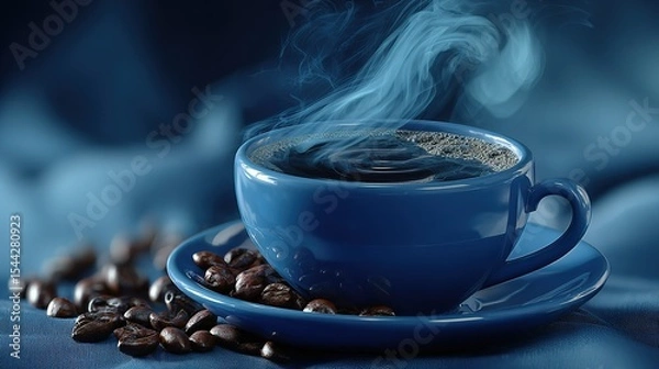 Obraz Blue coffee cup with steaming black coffee and coffee beans on blue fabric, creating a tranquil coffee drinking atmosphere
