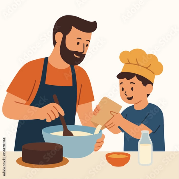 Fototapeta Father and son baking cake together for father's day on transparent background