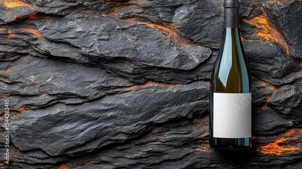 Obraz Green Wine Bottle with Blank Label Against Black Rock Wall with Orange Textures, Presenting a Rugged and High - end Wine - Tasting Atmosphere for Winery Display and Rock Aesthetics Themes