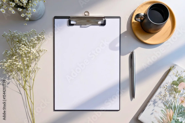 Fototapeta Blank clipboard mockup with flowers coffee and pen on a desk