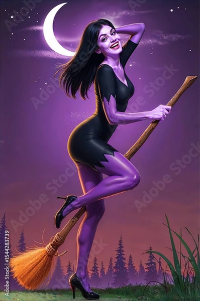 Fototapeta playful illustration of happy witch on broomstick suitable for Halloween advertisement