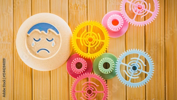 Obraz The toy, a crying baby surrounded by colorful gears, symbolizes the many complex factors contributing to depression in children and individuals.