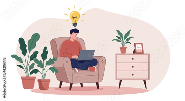 Fototapeta Person with laptop under bulb seated in chair next to table with plant and picture frame