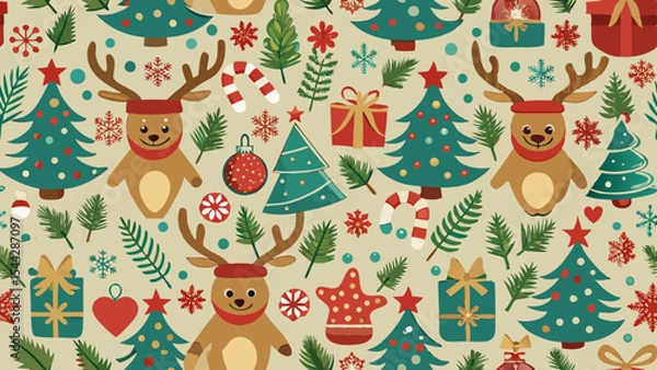 Obraz Festive Christmas Pattern Backgrounds – Holiday Icons, Trees, Gifts & Decorations