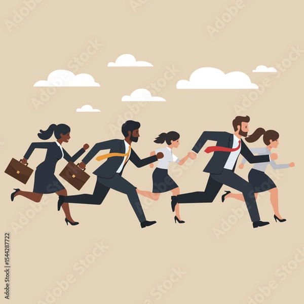 Fototapeta Diverse businesspeople energetically run with clouds floating above them