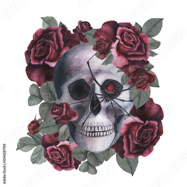 Obraz Scull with spider and roses gothic magical texture isolated on white background. Watercolor hand drawn esoterics skull illustration. Art for design mystical halloween witch decoration, scary card