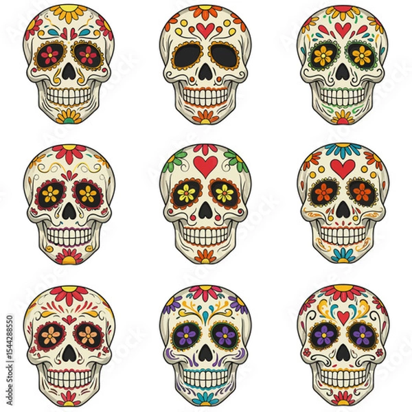 Fototapeta Nine decorated sugar skulls are arranged in a grid pattern