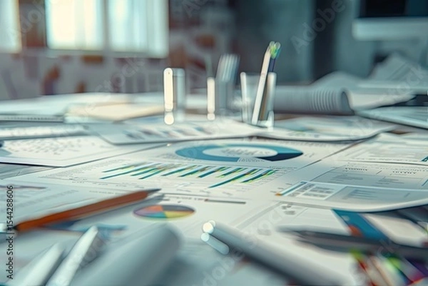 Fototapeta High Definition Picture of Diagrams and Charts on Designers Workspace