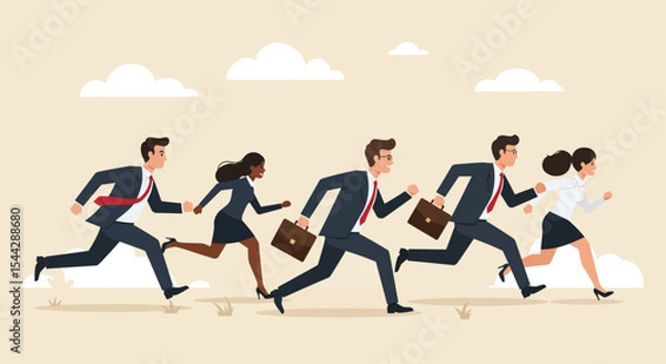 Fototapeta Five business people run forward a mix of genders suit attire briefcases and outdoor setting with sparse ground cover