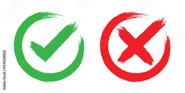 Obraz Dirty grunge tick OK check marks  and cross x  in check boxes. Symbols YES and NO button, sketch checkmarks   -  Vector illustration.