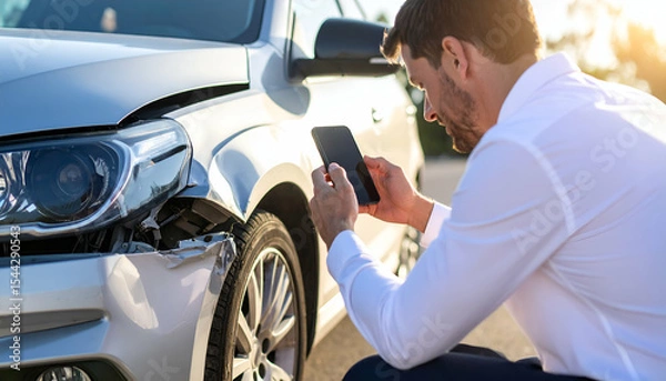 Obraz Claim agent photographing a dented bumper with a smartphone, parked car on roadside, clear afternoon light, focus on documentation process