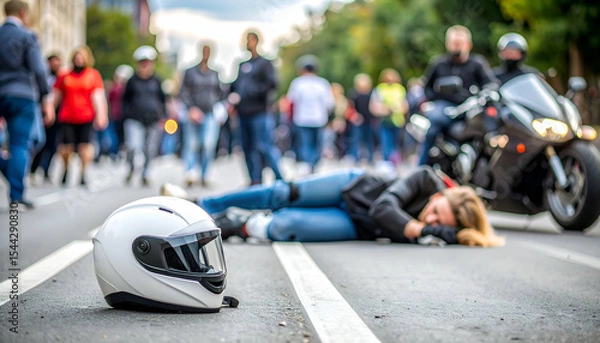 Fototapeta Injured motorcyclist lying on road with a helmet beside, blurred crowd gathering, realistic urban background, emergency mood

