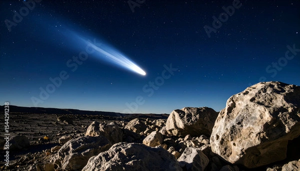 Fototapeta View of a comet from the surface of a moon, comet tail cutting across the sky, barren rocky foreground, realistic lighting

