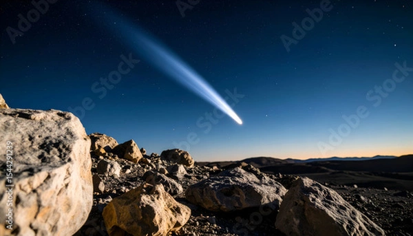 Fototapeta View of a comet from the surface of a moon, comet tail cutting across the sky, barren rocky foreground, realistic lighting

