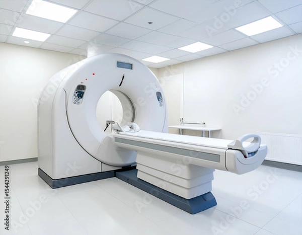 Fototapeta Wide shot of empty CT scanner in modern medical room, bright overhead lighting