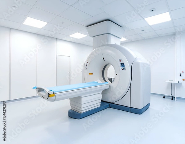 Fototapeta Wide shot of empty CT scanner in modern medical room, bright overhead lighting