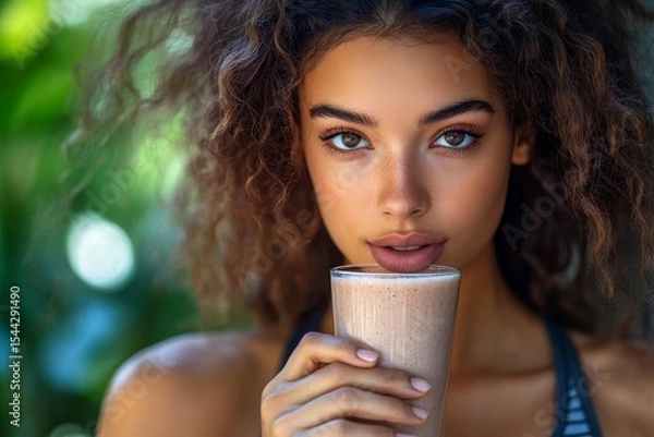 Fototapeta Young athletic woman drinking a protein shake after a workout, using it as a meal replacement for muscle recovery and nourishment., Generative AI