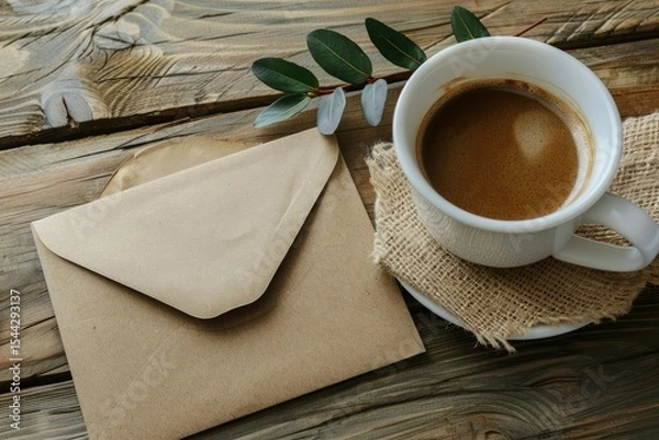 Fototapeta High Detail Image of Stationery Concept with Envelope Mockup and Coffee