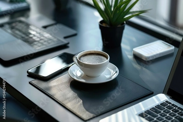 Fototapeta Premium Quality Image of Workspace with Coffee and Digital Devices