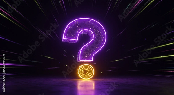 Fototapeta Electric purple neon question mark floating above glowing yellow lights, surrounded by radiant energy beams on a deep abstract dark background

