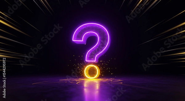 Fototapeta A futuristic 3D symbol: glowing purple question mark with yellow neon base, light energy bursts, and dark themed background representing complex inquiry