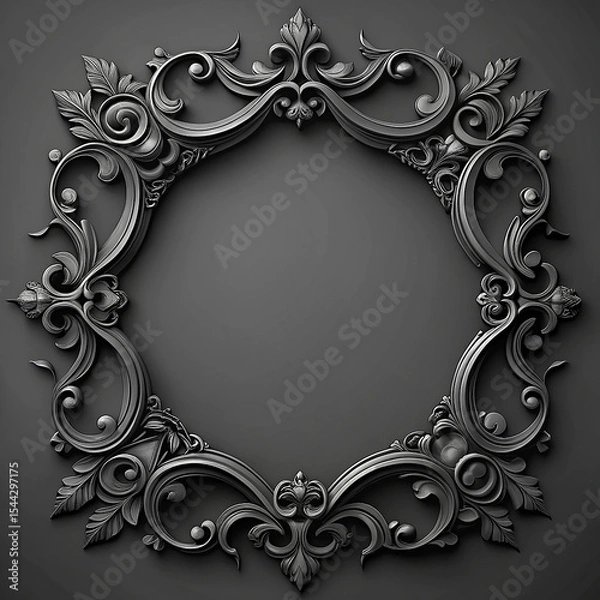Fototapeta Elegant ornate gray frame with decorative swirls and foliage on dark background