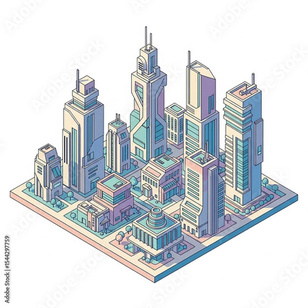 Fototapeta Isometric illustration of a futuristic city with modern architectural design and colorful buildings