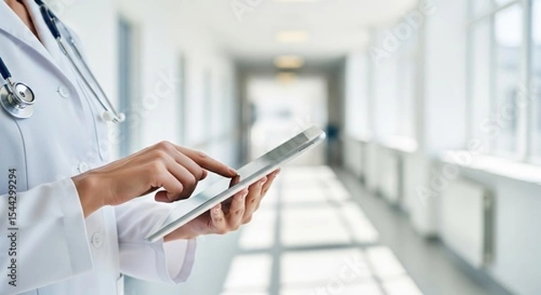 Fototapeta Close-up of a doctor using a tablet in a bright hospital corridor, Perfect for healthcare, digital tech, and clinical design concepts