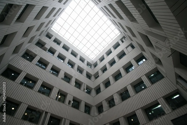Fototapeta A view of the interior of a building with grey cubes on the walls