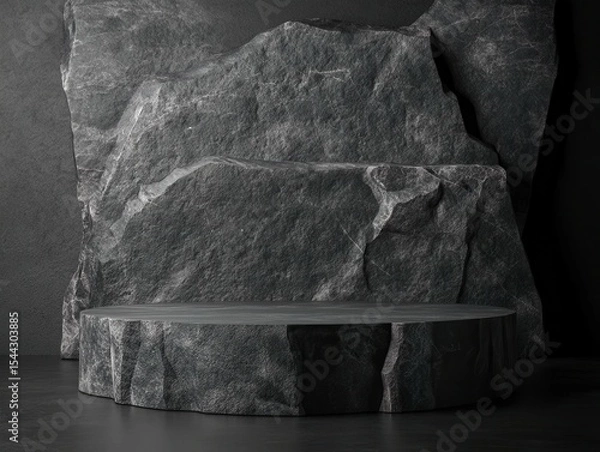 Fototapeta vibrant image of Wall with stage for product display on dark background. Dark stone podium minimalism style. high detail 8k