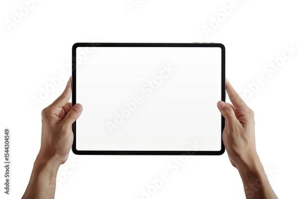Fototapeta Hand Man Holding Tablet with Mockup Blank Screen Isolated on White Background with Clipping Path