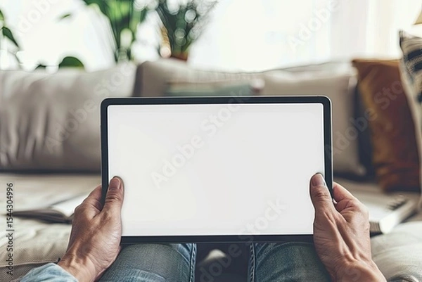 Fototapeta Hands Holding Digital Tablet with Mockup of Blank Screen on Sofa in Living Room