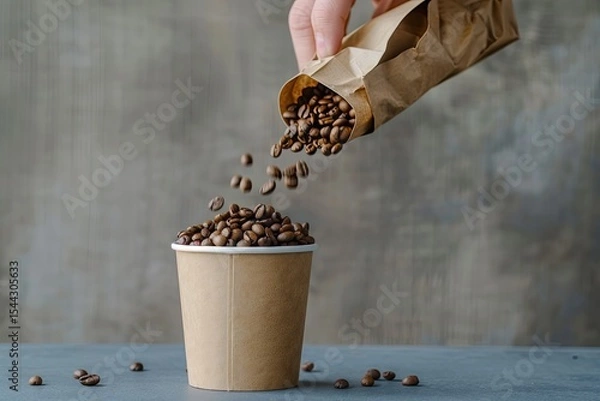 Fototapeta High Resolution Image of Hand Pouring Coffee Beans From a Paper Bag Into a Coffee Cup